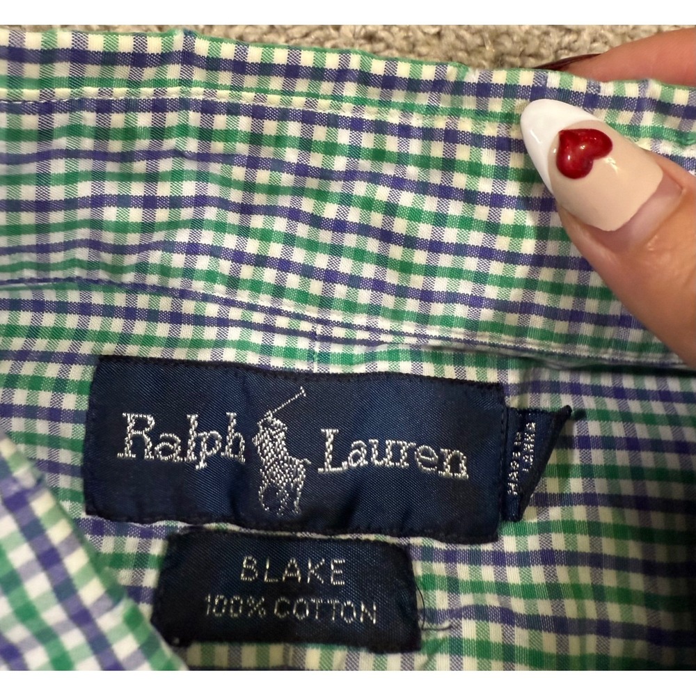Ralph Lauren Mens Blake Button Down Shirt Green Gingham Short Sleeve Preppy M - Picture 4 of 6